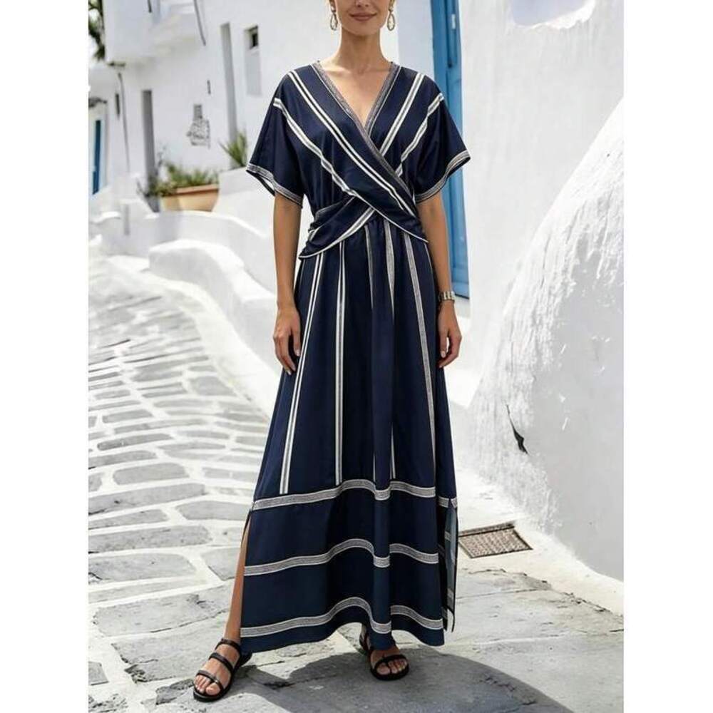 Holidaya Navy Blue And White Striped Maxi Dress,V-Neck Short-Sleeved - Picture 4 of 5